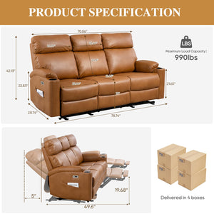 3-Seat Power Recliner Sofa with Hidden Console & USB Charging