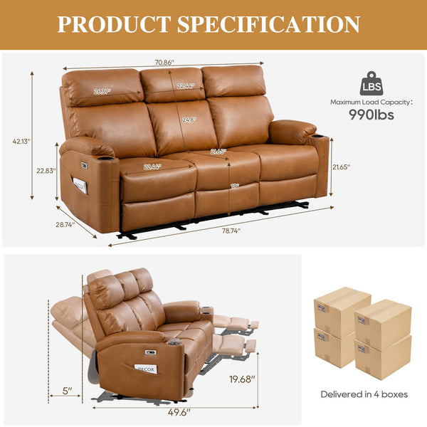 3-Seat Power Recliner Sofa with Hidden Console & USB Charging