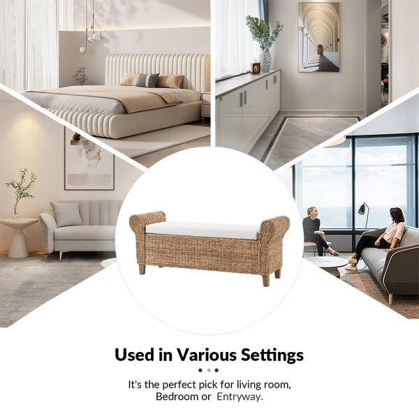 Rattan Storage Bench with Rolled Armrests