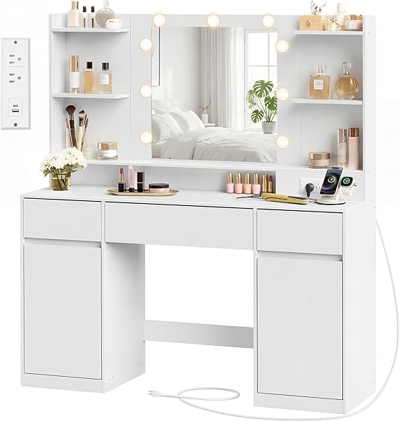 Vanity Desk with Mirror, Lights & Power Outlets – 9 Drawers, White