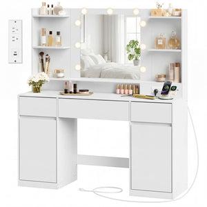 Vanity Desk with Mirror, Lights & Power Outlets