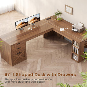 L-Shaped Farmhouse Desk with Drawers, Power Outlets & Storage Shelves