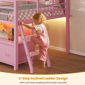 Low Loft Bed Twin Size with Storage Drawers, Bookcase and LED Lights