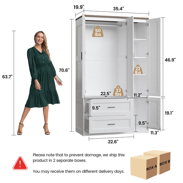 Freestanding Wardrobe Closet with Doors, Drawers & Shelves