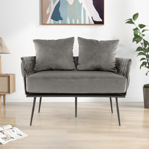 Woven Loveseat Sofa with Velvet Cushion & Metal Legs