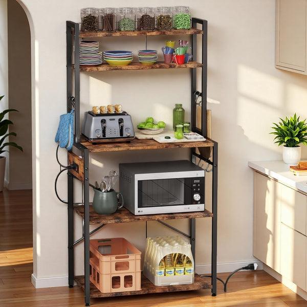 Kitchen Bakers Rack with Power Outlet and Storage Cabinet