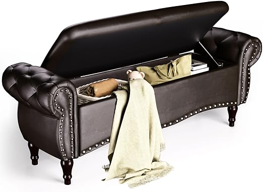 Upholstered Storage Ottoman Bench with Rolled Arms & Nailhead Trim