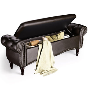 Upholstered Storage Ottoman Bench with Rolled Arms & Nailhead Trim