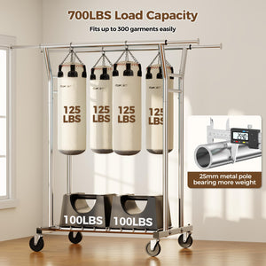 Heavy Duty Rolling Clothes Rack with Shelves, 700 lb Capacity, Dual Rod