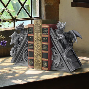 Gothic Dragon Bookend Statues – Set of 2, Gray Stone Resin, 8 Inch