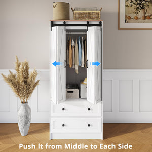 Farmhouse Wardrobe Armoire with Sliding Barn Doors & Drawers