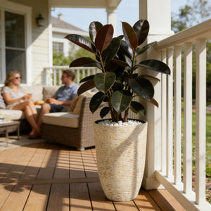 Tall Round Stone-Finish Planters Set of 2 – 14" Dia x 20.5" H, 9 Gallon