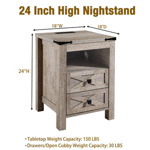 Farmhouse Nightstand with Charging Station, 2 Drawers & Open Shelf