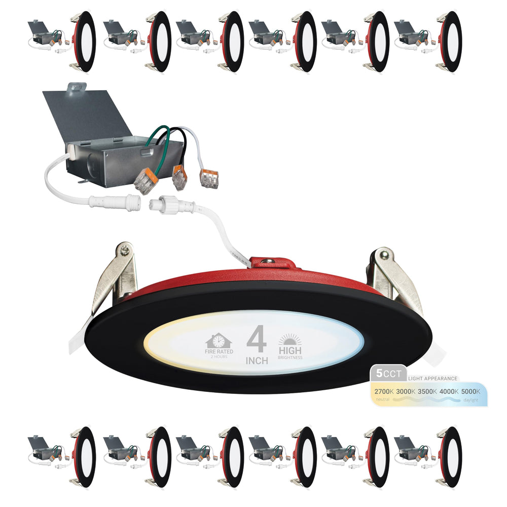 4-Inch Fire Rated LED Recessed Lights 12-Pack, 5CCT Dimmable Canless Wafer Downlights, Black