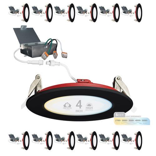 4-Inch Fire Rated LED Recessed Lights 12-Pack, 5CCT Dimmable Canless Wafer Downlights, Black