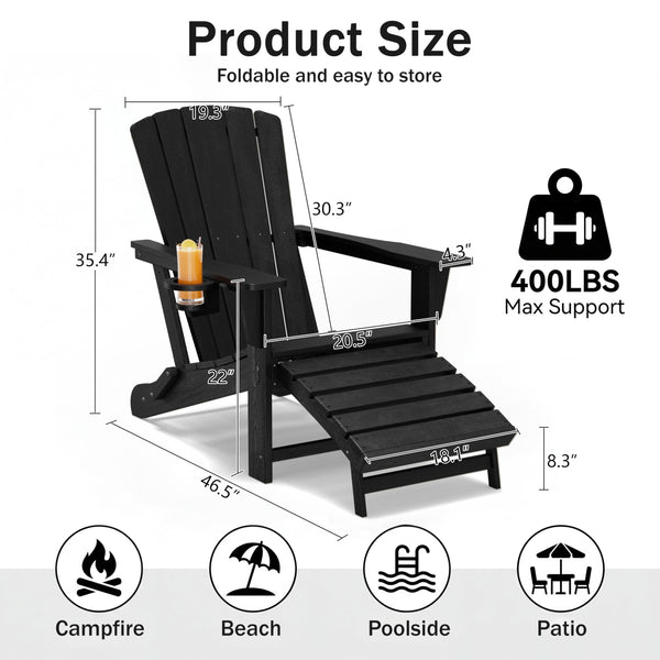 Folding Adirondack Chair with Retractable Ottoman & Cup Holder