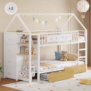 Twin Over Twin House Bunk Bed with Storage Drawers & String Lights