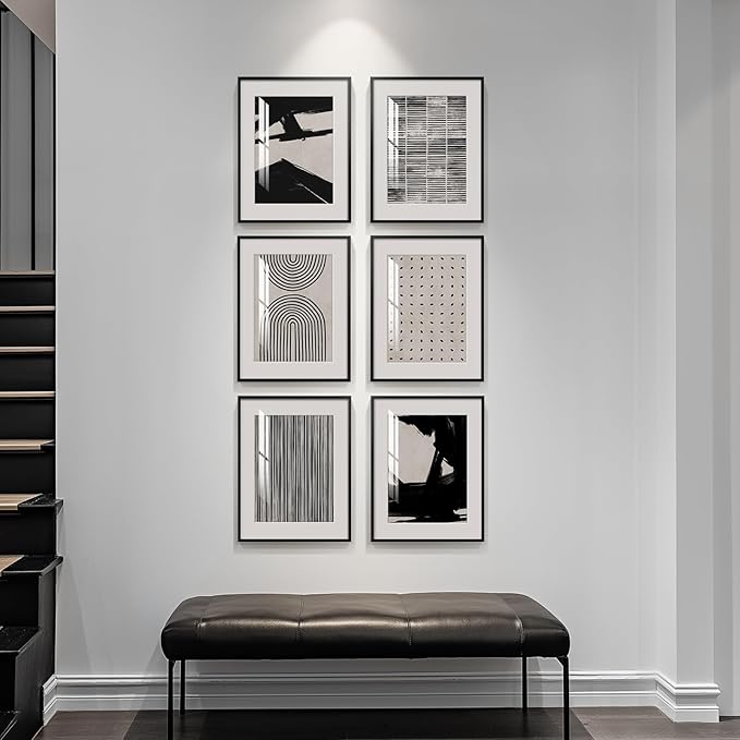 Framed Neutral Abstract Wall Art for Living Room, 4 Piece Modern Black Brown Geometric Canvas Paintings Artwork for Walls-Minimalist Pictures for Hallway Dining Room Bedroom Office Wall Decor