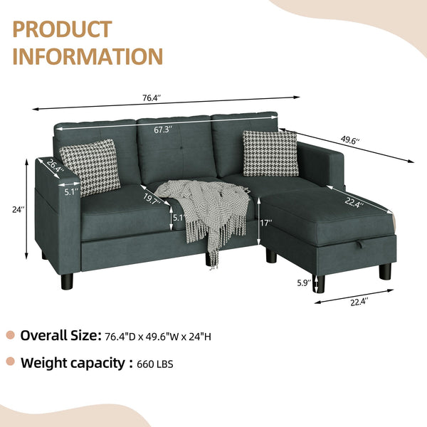 L-Shaped Sectional Sofa with Reversible Storage Ottoman