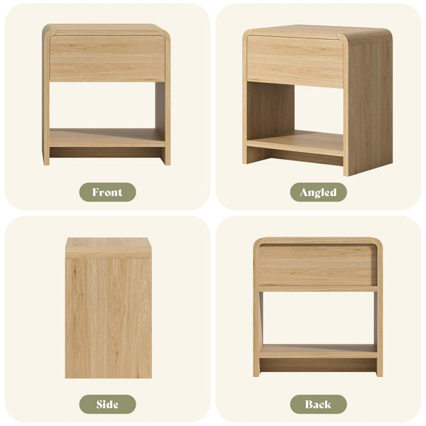 Nightstand Set of 2 with Drawer & Open Shelves – Curved Bedside End Table
