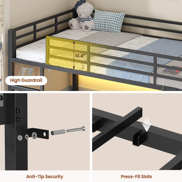 Twin Over Twin Low Bunk Bed with Storage & RGB Lights