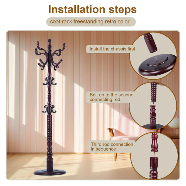 Freestanding Wooden Coat Rack with 18 Hooks