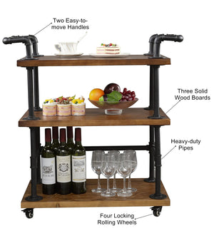Industrial Pipe Bar Cart with Shelves and Wheels