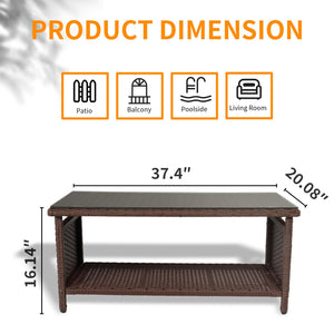 Outdoor Wicker Patio Coffee Table with Tempered Glass Top & Storage Shelf
