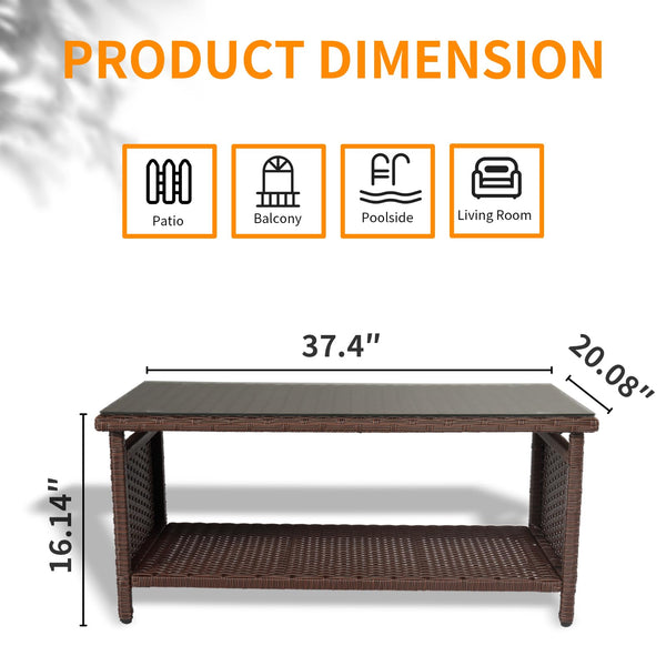 Outdoor Wicker Patio Coffee Table with Tempered Glass Top & Storage Shelf