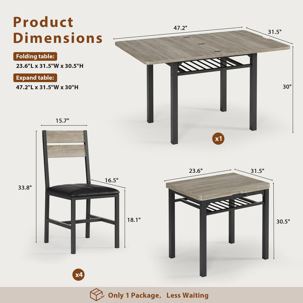 5-Piece Extendable Dining Table Set with PU Leather Chairs & Storage Rack