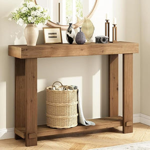 Solid Wood Farmhouse Console Table with Bottom Shelf