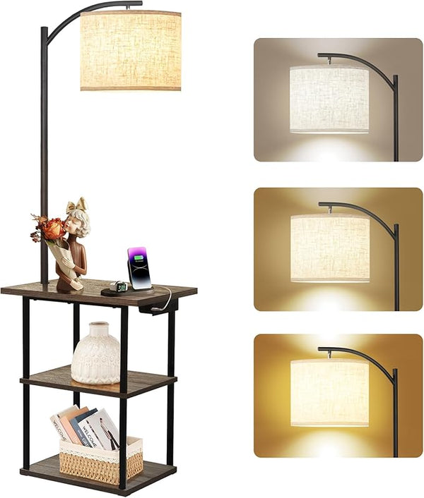 Floor Lamp with Side Table & Charging Station – 3-Color LED