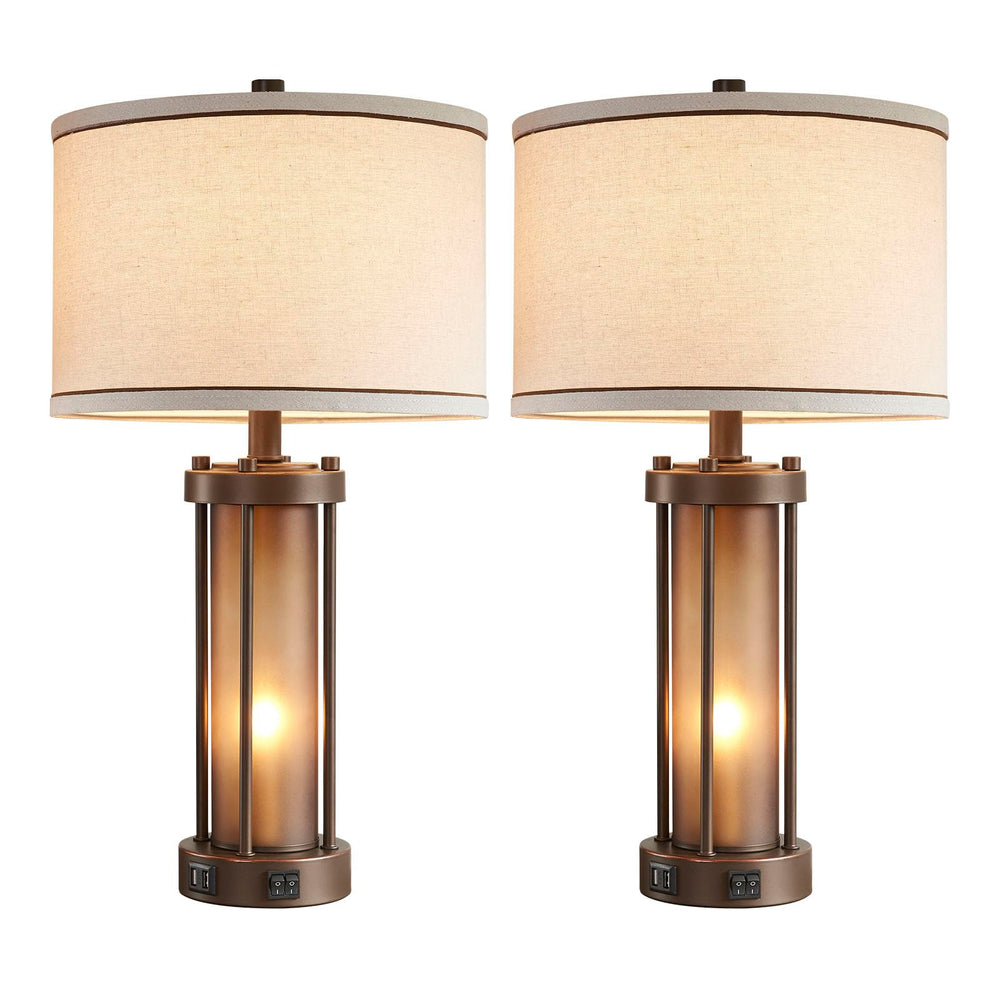 Farmhouse Table Lamps Set of 2 with USB Charging Ports & Amber Glass Nightlight