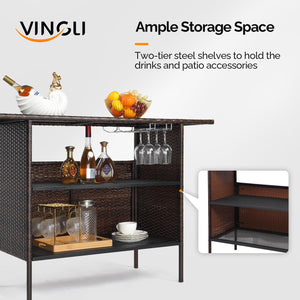 Wicker Outdoor Bar Table with Steel Shelves and Wine Glass Rack
