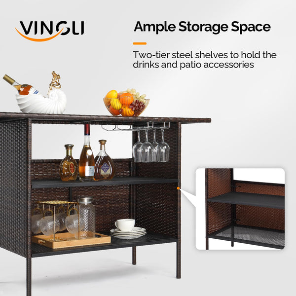 Wicker Outdoor Bar Table with Steel Shelves and Wine Glass Rack