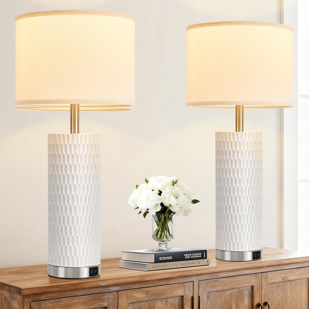 Ceramic Table Lamp with Touch Control & USB Charging Ports – Set of 2