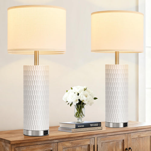 Ceramic Table Lamp with Touch Control & USB Charging Ports – Set of 2