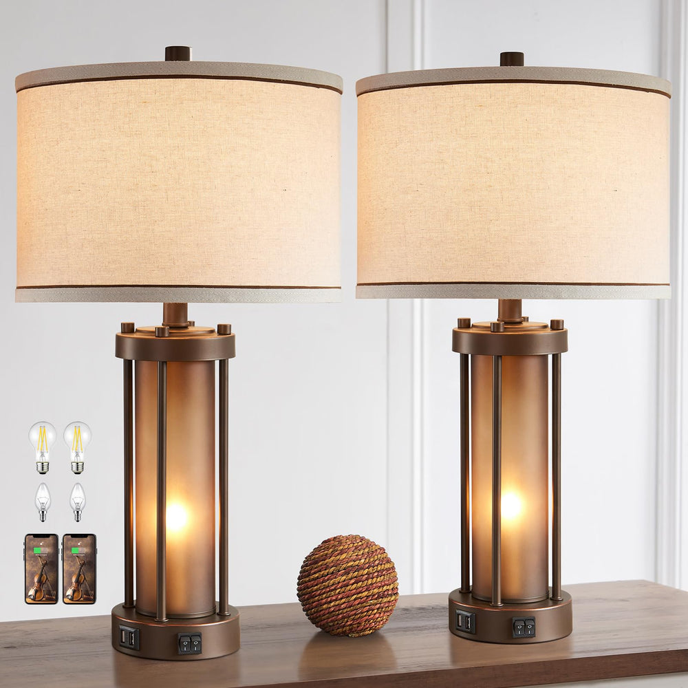 Farmhouse Table Lamps Set of 2 with USB Charging Ports & Amber Glass Nightlight
