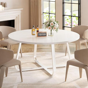 LVB 60-Inch Round Dining Table, Modern Wood Metal Kitchen Tables, Industrial Large Dinner Room Table for 6 to 8, Circle Dining Room Tables for Home Kitchen Living Room, Walnut
