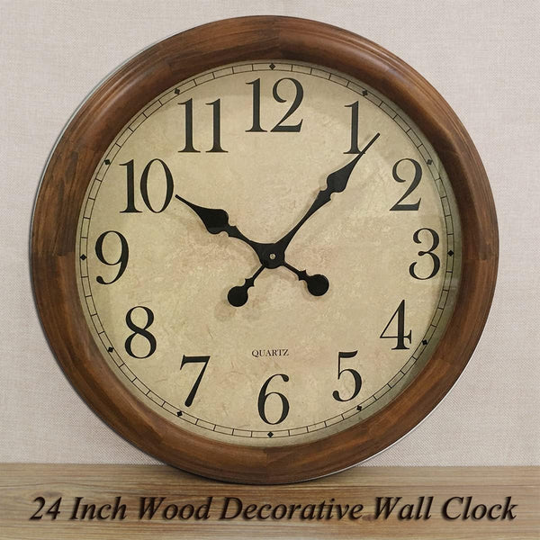 24-Inch Wood Silent Wall Clock – Large Decorative Non-Ticking Battery Operated