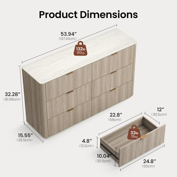 6-Drawer Bedroom Dresser with Faux Travertine Top