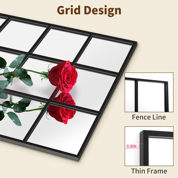 Black Window Pane Wall Mirror – Aluminum Frame, Rectangular