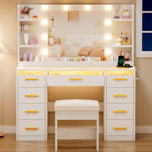 Large White Vanity Desk with Mirror, RGB Lights & 9 Drawers