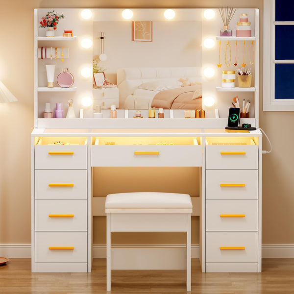 Large White Vanity Desk with Mirror, RGB Lights & 9 Drawers