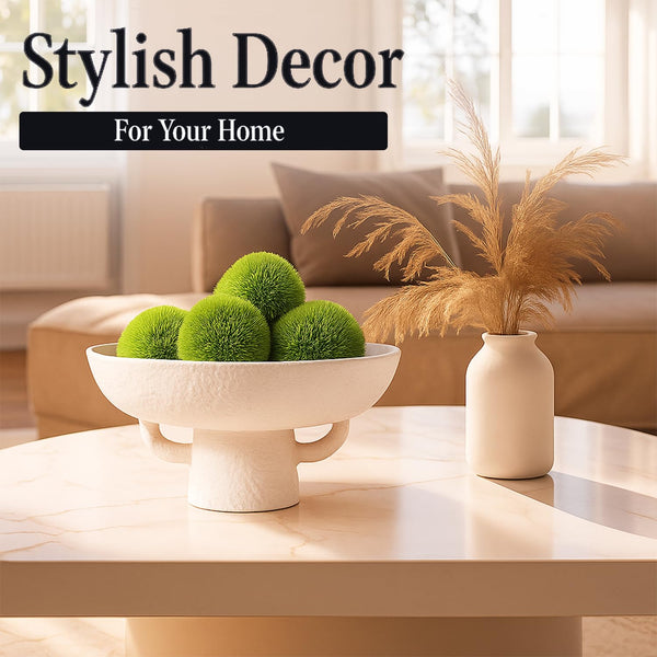 White Textured Ceramic Decorative Bowl with Moss Balls Set of 6