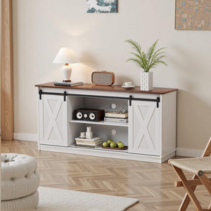 Farmhouse TV Stand with Sliding Barn Door – 65 Inch, White