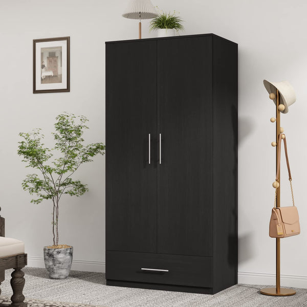 2-Door Wardrobe Armoire with Drawer & Hanging Rod