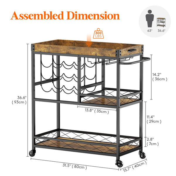 3-Tier Bar Cart with Wine Rack & Removable Tray