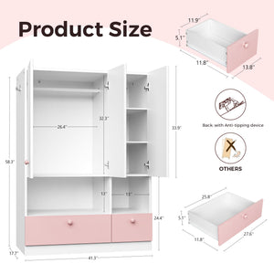 White 3-Door Wardrobe Armoire with Hanging Rod, Shelves & Drawers