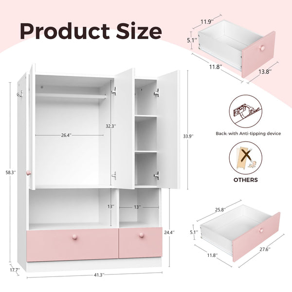 White 3-Door Wardrobe Armoire with Hanging Rod, Shelves & Drawers
